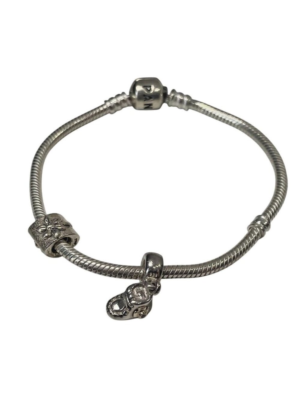 Pandora 925 Sterling Silver Snake Chain Bracelet Baby Shoe Charm Pink CZ Stone